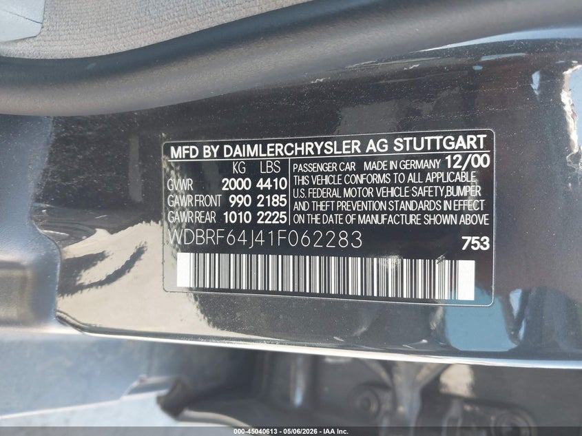 2001 Mercedes-benz C class VIN WDBRF64J41F062283 IAAI salvage auction — ELECTRICAL, Clear - Dealer Only (California), sold $325 on 2026-07-20 (photo 9)