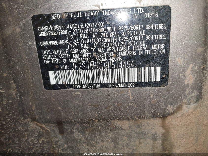 2016 Subaru Forester VIN JF2SJAHC1GH514494 IAAI salvage auction — ROLLOVER, Salvage (Arizona), sold $600 on 2026-07-21 (photo 9)