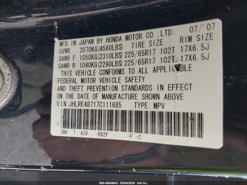 2007 Honda Cr-v VIN JHLRE48717C111685 IAAI salvage auction — NORMAL WEAR, Salvage (Texas), sold $25 on 2026-07-29 (photo 9)