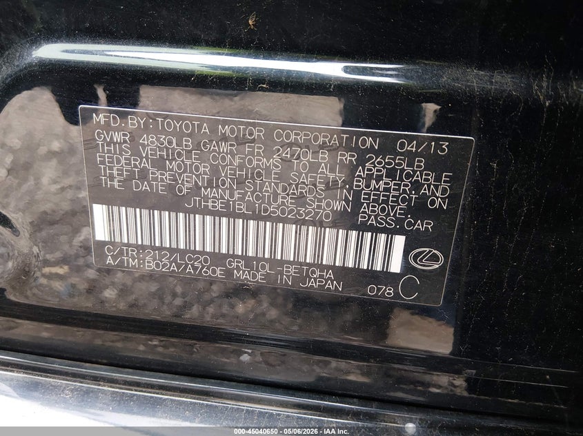 2013 Lexus Gs VIN JTHBE1BL1D5023270 IAAI salvage auction — FRONT END, Salvage (Texas), sold $1,775 on 2026-07-06 (photo 9)