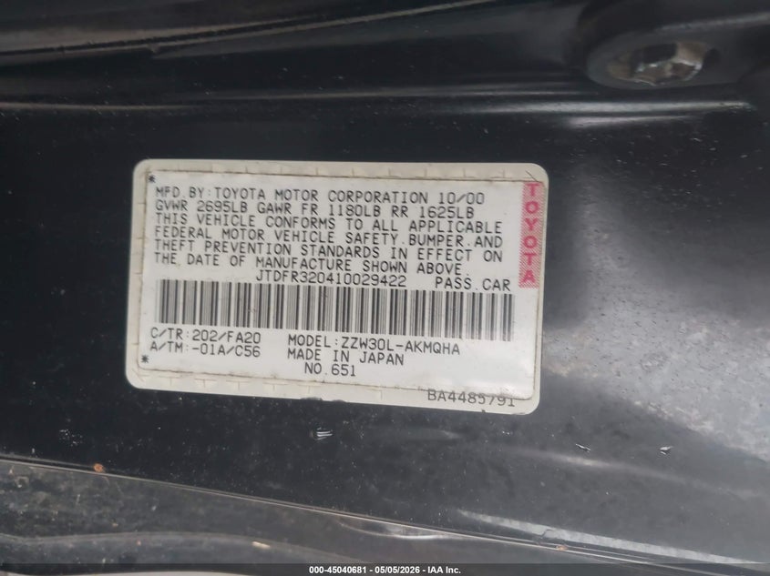 2001 Toyota Mr2 VIN JTDFR320410029422 IAAI salvage auction — FRONT END, Clear - Dealer Only (California), sold $825 on 2026-07-20 (photo 9)