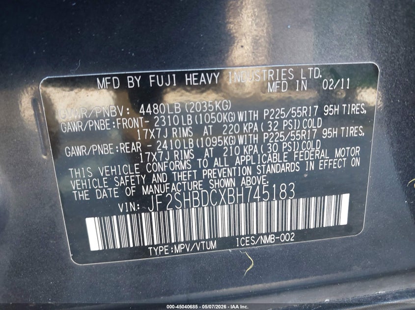2011 Subaru Forester VIN JF2SHBDCXBH745183 IAAI salvage auction — RIGHT FRONT, Rebuildable (Florida), sold $350 on 2026-07-06 (photo 9)