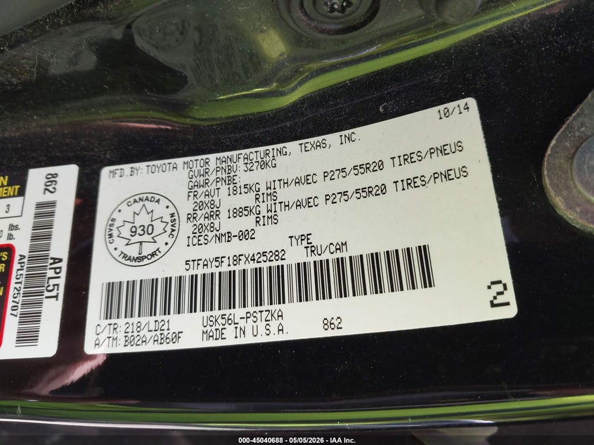 2015 Toyota Tundra VIN 5TFAY5F18FX425282 IAAI salvage auction — RIGHT FRONT, Clear (Michigan), sold $3,550 on 2026-07-06 (photo 9)