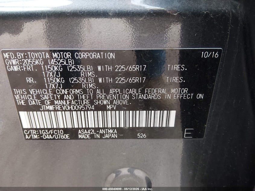 2017 Toyota Rav 4 VIN JTMWFREV0HD095794 IAAI salvage auction — HAIL, Clear (Wisconsin), sold $7,875 on 2026-07-15 (photo 9)