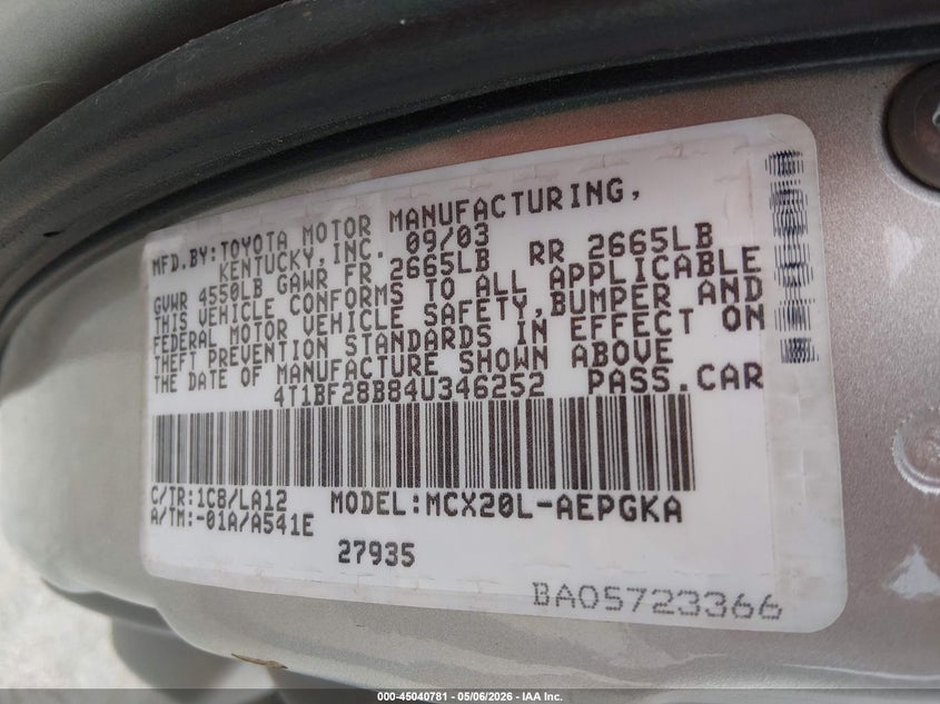 2004 Toyota Avalon VIN 4T1BF28B84U346252 IAAI salvage auction — FRONT & REAR, Salvage (Missouri), sold $425 on 2026-07-09 (photo 9)