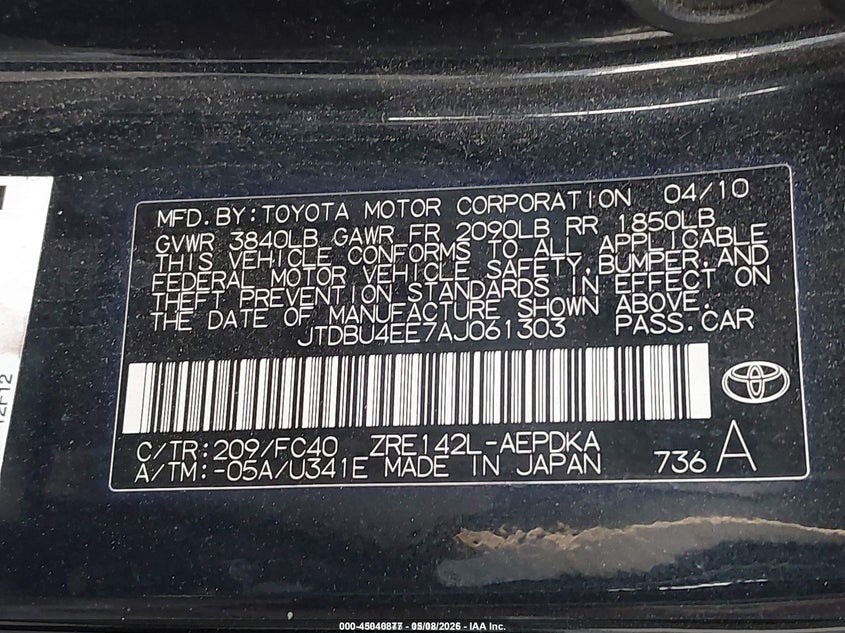 2010 Toyota Corolla VIN JTDBU4EE7AJ061303 IAAI salvage auction — FRONT & REAR, Salvage (California), sold $225 on 2026-07-30 (photo 9)