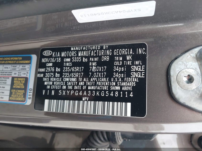 2019 Kia Sorento VIN 5XYPG4A33KG548114 IAAI salvage auction — FRONT END, Original (Texas), sold $2,300 on 2026-07-28 (photo 9)