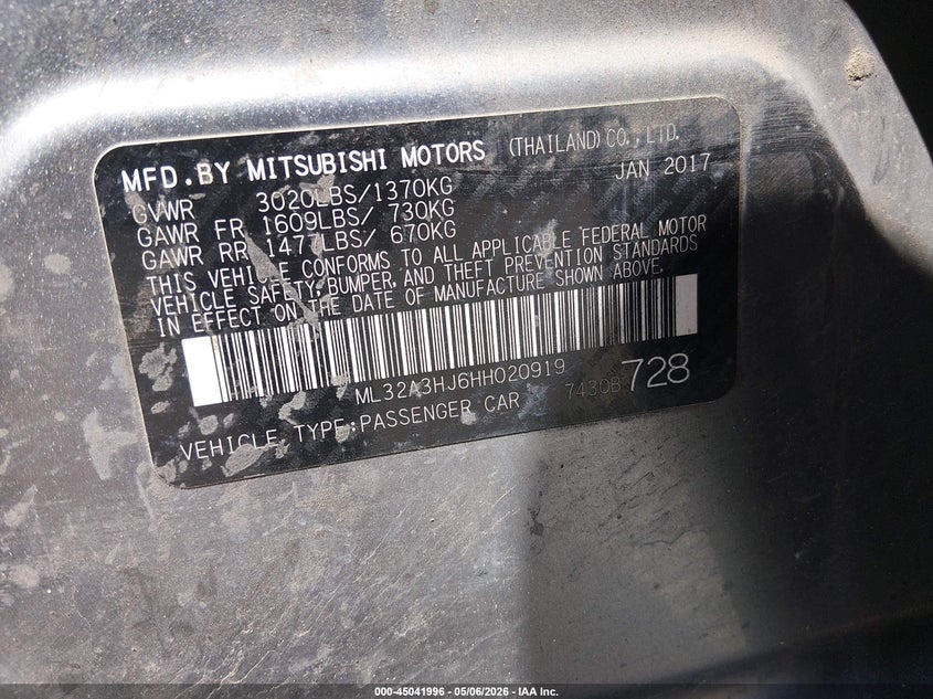 2017 Mitsubishi Mirage VIN ML32A3HJ6HH020919 IAAI salvage auction — FRONT END, Salvage (Colorado), sold $350 on 2026-07-15 (photo 9)