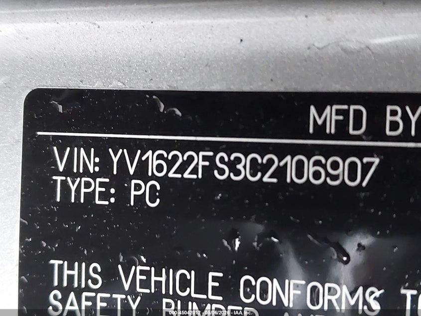 2012 Volvo S60 VIN YV1622FS3C2106907 IAAI salvage auction — LEFT SIDE, Clear (Virginia), sold $500 on 2026-07-27 (photo 9)