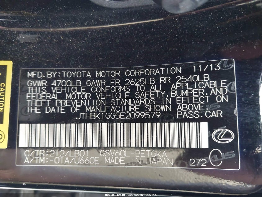 2014 Lexus ES VIN JTHBK1GG5E2099579 IAAI salvage auction — FRONT END, Maryland Repossession (Maryland), sold $4,100 on 2026-07-29 (photo 9)