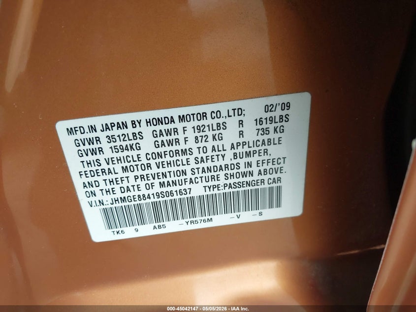 2009 Honda Fit VIN JHMGE88419S061637 IAAI salvage auction — LEFT SIDE, Salvage (California), sold $2,950 on 2026-07-09 (photo 9)
