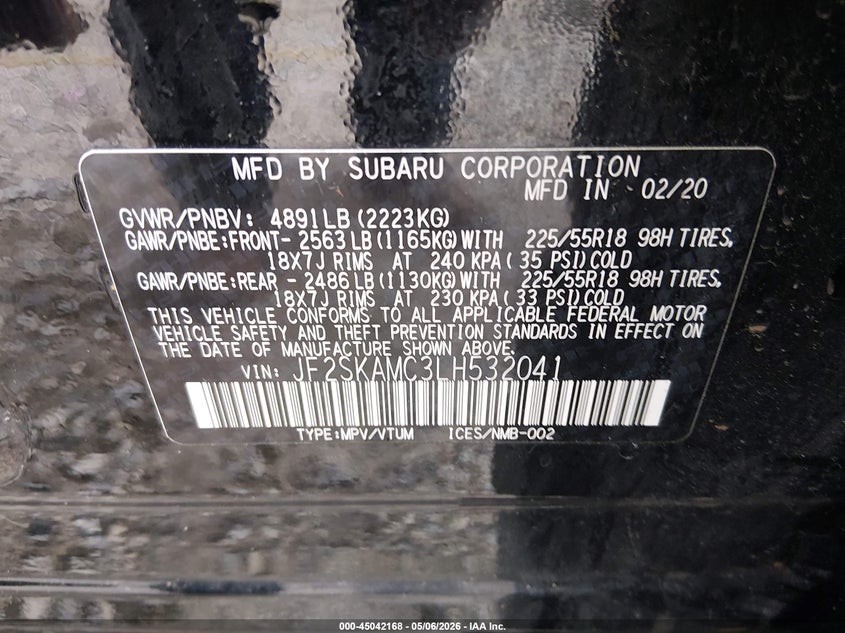 2020 Subaru Forester VIN JF2SKAMC3LH532041 IAAI salvage auction — FRONT END, Salvage Title, sold $1,000 on 2026-07-23 (photo 9)