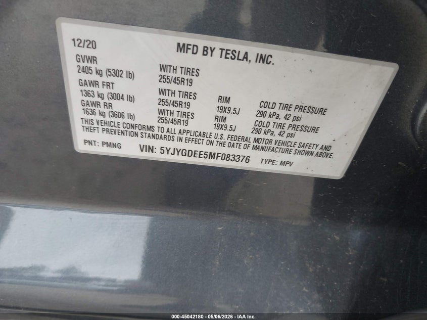 2021 Tesla Model y VIN 5YJYGDEE5MF083376 IAAI salvage auction — FRONT END, Salvage (Georgia), sold $125 on 2026-07-30 (photo 9)