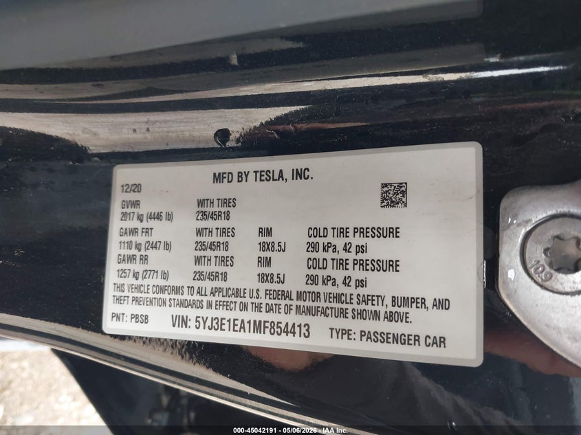 2021 Tesla Model 3 VIN 5YJ3E1EA1MF854413 IAAI salvage auction — REAR END, Original (Texas), sold $25 on 2026-07-23 (photo 9)