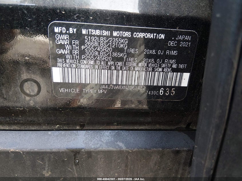 2022 Mitsubishi Outlander VIN JA4J3VA8XNZ061432 IAAI salvage auction — FRONT END, Salvage (South Carolina), sold $6,100 on 2026-07-07 (photo 9)