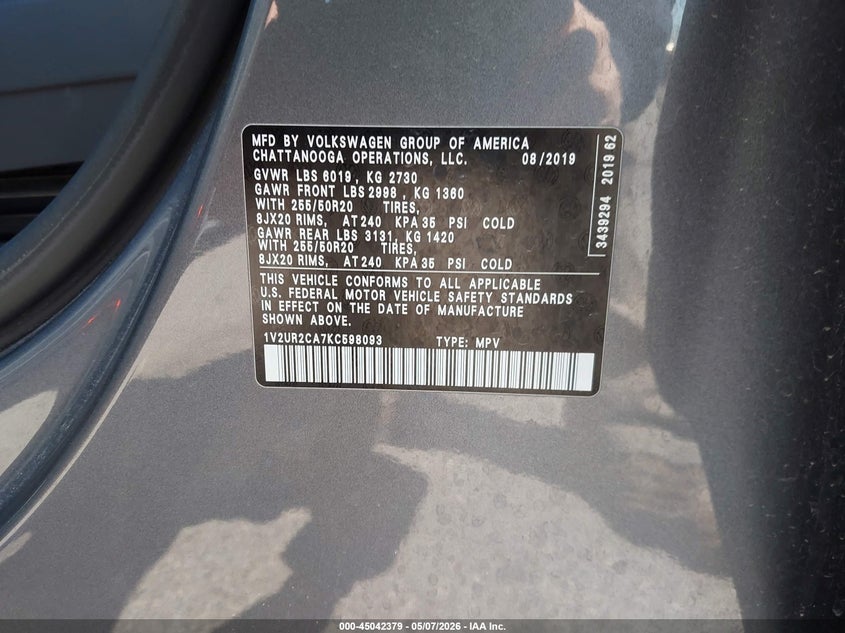 2019 Volkswagen Atlas VIN 1V2UR2CA7KC598093 IAAI salvage auction — HAIL, Salvage Title, sold $5,300 on 2026-08-14 (photo 9)