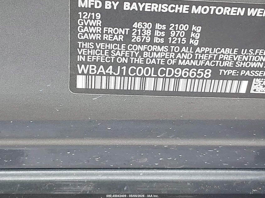 2020 BMW 4er VIN WBA4J1C00LCD96658 IAAI salvage auction — WATER/FLOOD, Salvage (Texas), sold $4,350 on 2026-08-07 (photo 9)