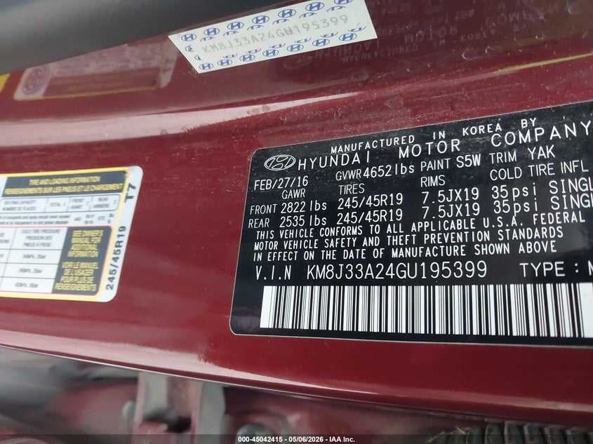 2016 Hyundai Tucson VIN KM8J33A24GU195399 IAAI salvage auction — HAIL, Original (Texas), sold $4,650 on 2026-07-07 (photo 9)