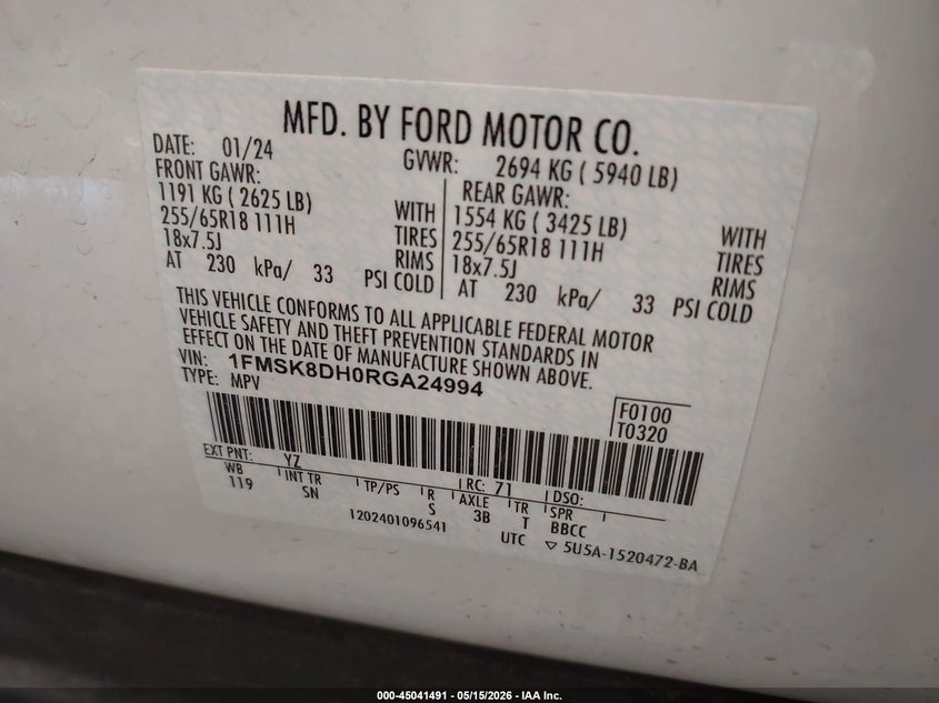 2024 Ford Explorer VIN 1FMSK8DH0RGA24994 IAAI salvage auction — FRONT END, Salvage (Colorado), sold $8,600 on 2026-08-22 (photo 9)