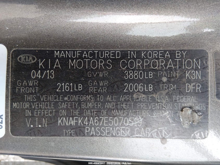 2014 Kia Forte VIN KNAFK4A67E5070519 IAAI salvage auction — SIDE, Salvage (Texas), sold $775 on 2026-07-13 (photo 9)