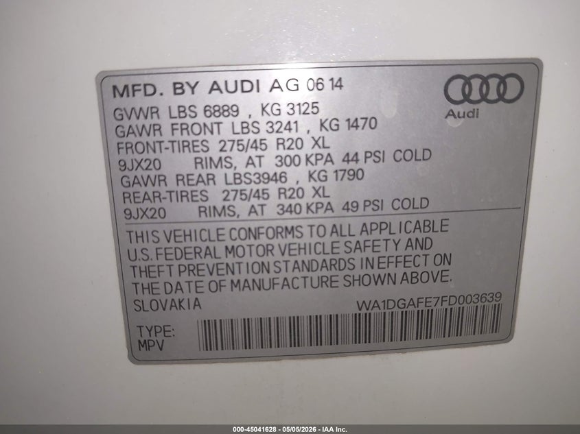 2015 Audi Q7 VIN WA1DGAFE7FD003639 IAAI salvage auction — FRONT END, Salvage (Arizona), sold $300 on 2026-07-07 (photo 9)