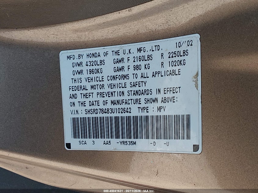 2003 Honda Cr-v VIN SHSRD78483U102642 IAAI salvage auction — NORMAL WEAR, Original (Kentucky), sold $750 on 2026-07-15 (photo 9)