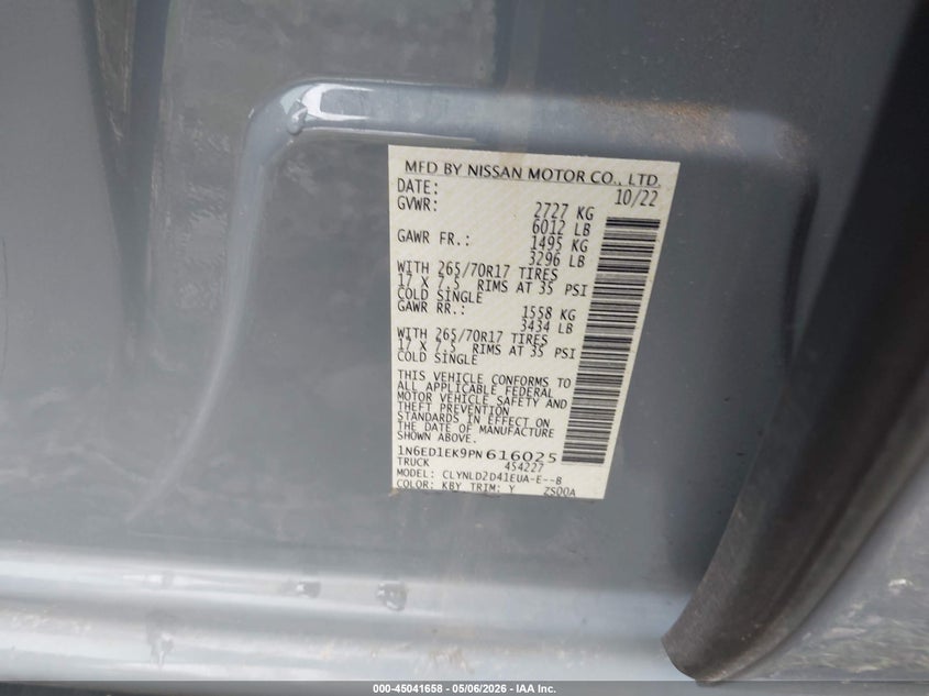 2023 Nissan Navara (frontier) VIN 1N6ED1EK9PN616025 IAAI salvage auction — UNDERCARRIAGE, Salvage (Tennessee), sold $10,200 on 2026-07-09 (photo 9)
