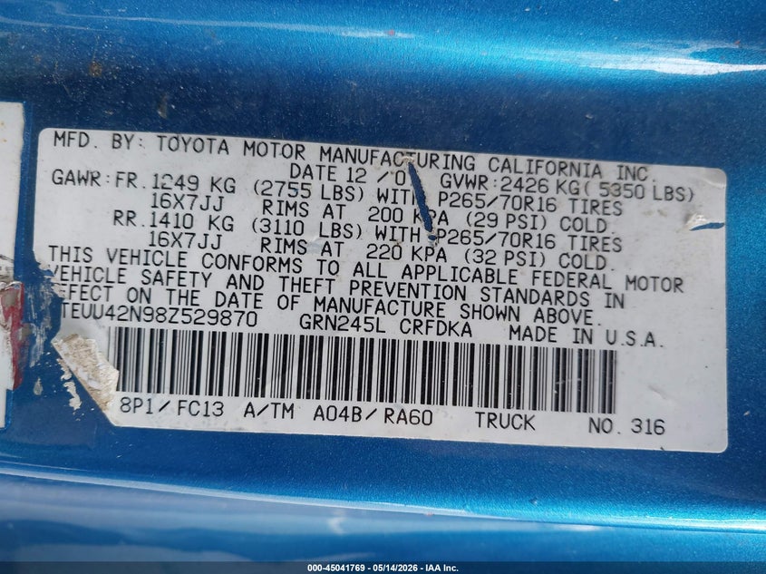 2008 Toyota Tacoma VIN 5TEUU42N98Z529870 IAAI salvage auction — LEFT SIDE, Mv-907A (New York), sold $2,900 on 2026-07-09 (photo 9)