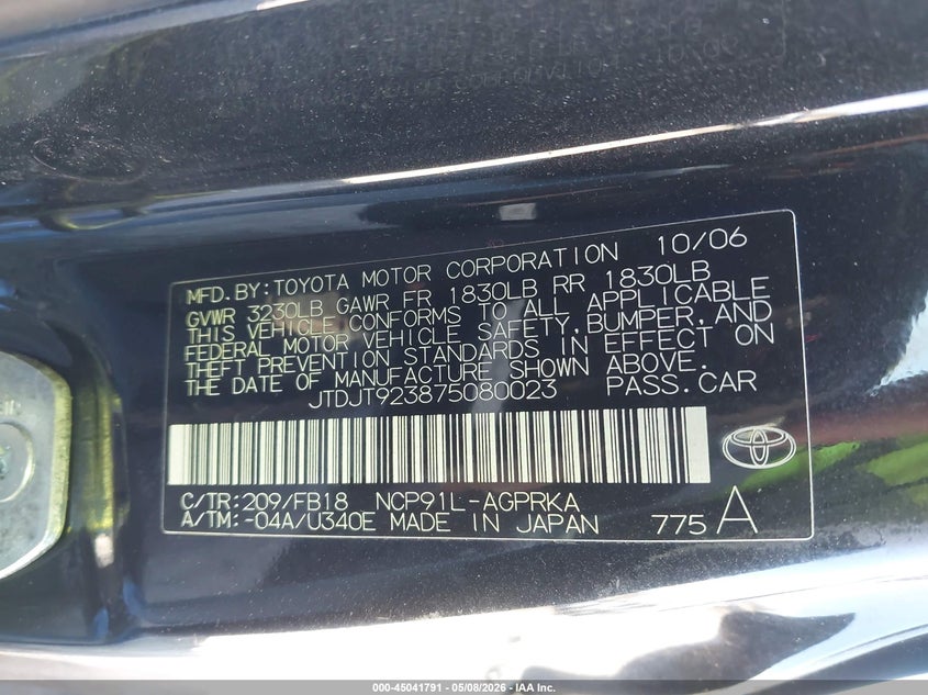 2007 Toyota Yaris VIN JTDJT923875080023 IAAI salvage auction — LEFT SIDE, Salvage (New Hampshire), sold $25 on 2026-07-29 (photo 9)