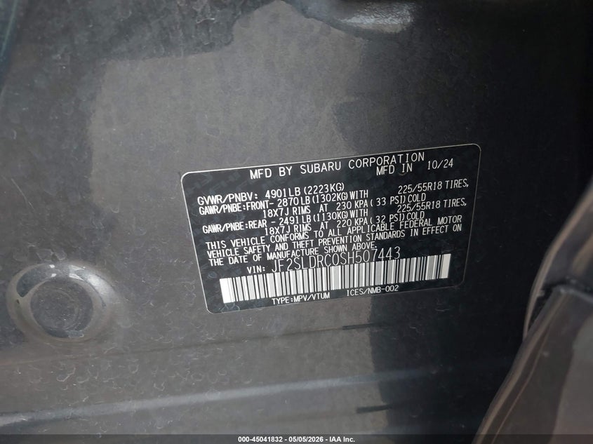 2025 Subaru Forester VIN JF2SLDRC0SH507443 IAAI salvage auction — ROLLOVER, Salvage Title, sold $8,600 on 2026-07-31 (photo 9)