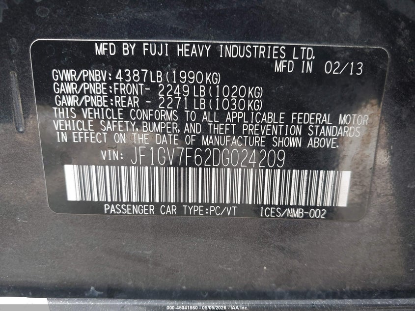 2013 Subaru Impreza wrx VIN JF1GV7F62DG024209 IAAI salvage auction — FRONT END, Salvage (Texas), sold $400 on 2026-07-14 (photo 9)