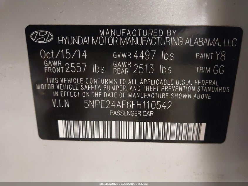 2015 Hyundai Sonata VIN 5NPE24AF6FH110542 IAAI salvage auction — REAR END, Mv-907A (New York), sold $550 on 2026-07-10 (photo 9)