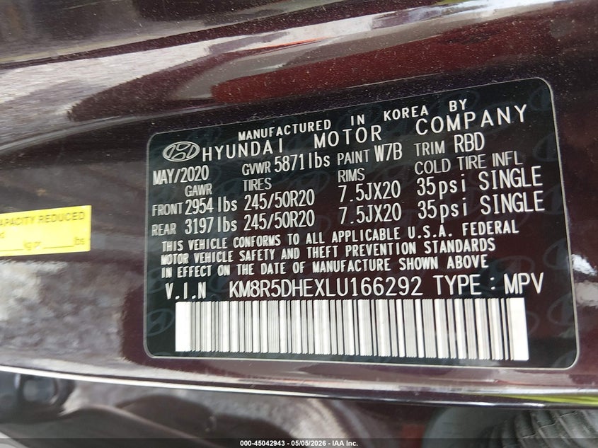 2020 Hyundai Palisade VIN KM8R5DHEXLU166292 IAAI salvage auction — FRONT END, Salvage (Alabama), sold $6,975 on 2026-07-20 (photo 9)