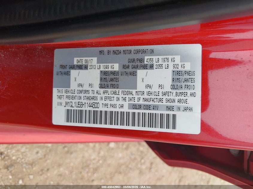 2017 Mazda 6 VIN JM1GL1U58H1144600 IAAI salvage auction — FRONT END, Original (Texas), sold $3,400 on 2026-07-09 (photo 9)