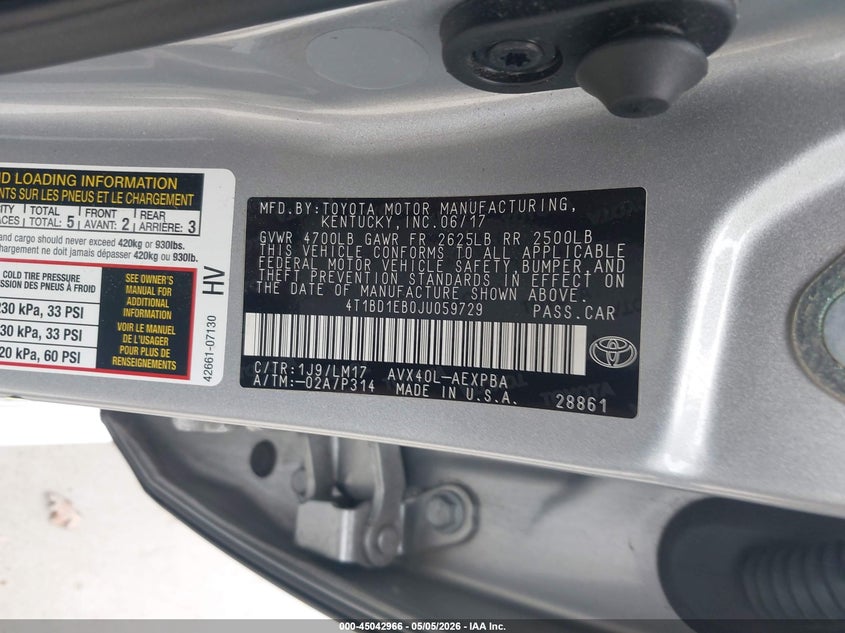 2018 Toyota Avalon VIN 4T1BD1EB0JU059729 IAAI salvage auction — FRONT END, Salvage Title, sold $7,600 on 2026-08-17 (photo 9)