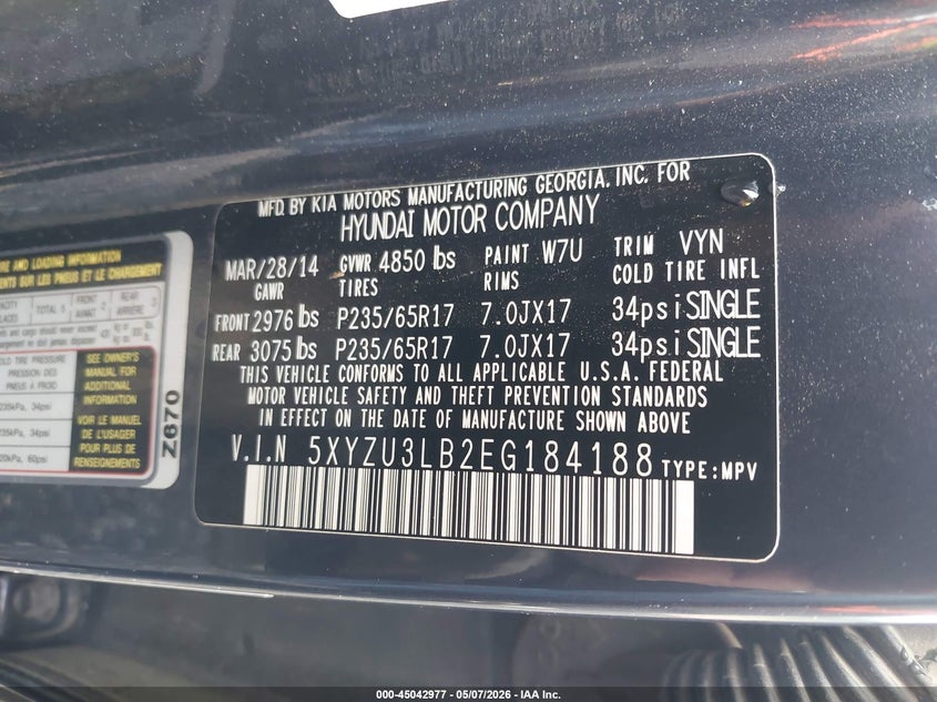 2014 Hyundai Santa fe VIN 5XYZU3LB2EG184188 IAAI salvage auction — RIGHT FRONT, Salvage (Idaho), sold $675 on 2026-07-07 (photo 9)