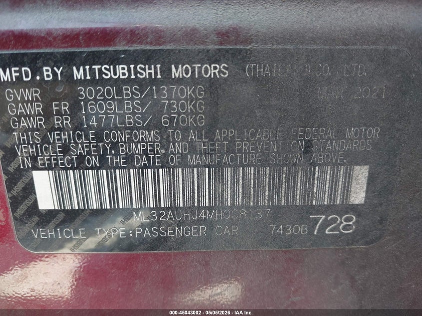 2021 Mitsubishi Mirage VIN ML32AUHJ4MH008137 IAAI salvage auction — FRONT END, Salvage (Tennessee), sold $250 on 2026-07-06 (photo 9)