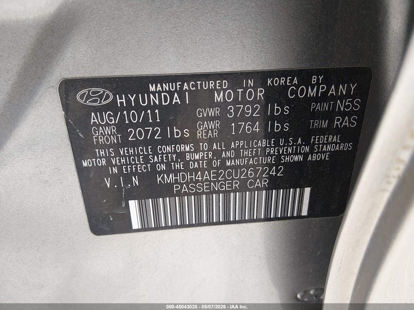 2012 Hyundai Elantra VIN KMHDH4AE2CU267242 IAAI salvage auction — LEFT SIDE, Salvage (Kentucky), sold $325 on 2026-07-13 (photo 9)