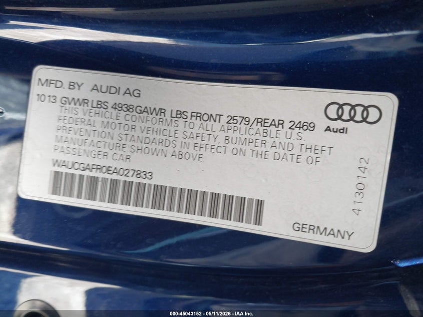 2014 Audi S5 VIN WAUCGAFR0EA027833 IAAI salvage auction — FRONT END, Original (Texas), sold $25 on 2026-07-09 (photo 9)