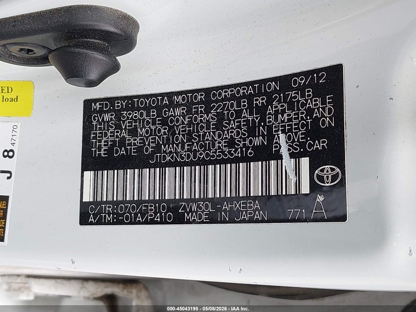 2012 Toyota Prius VIN JTDKN3DU9C5533416 IAAI salvage auction — WATER/FLOOD, Salvage (Texas), sold $2,700 on 2026-07-21 (photo 9)