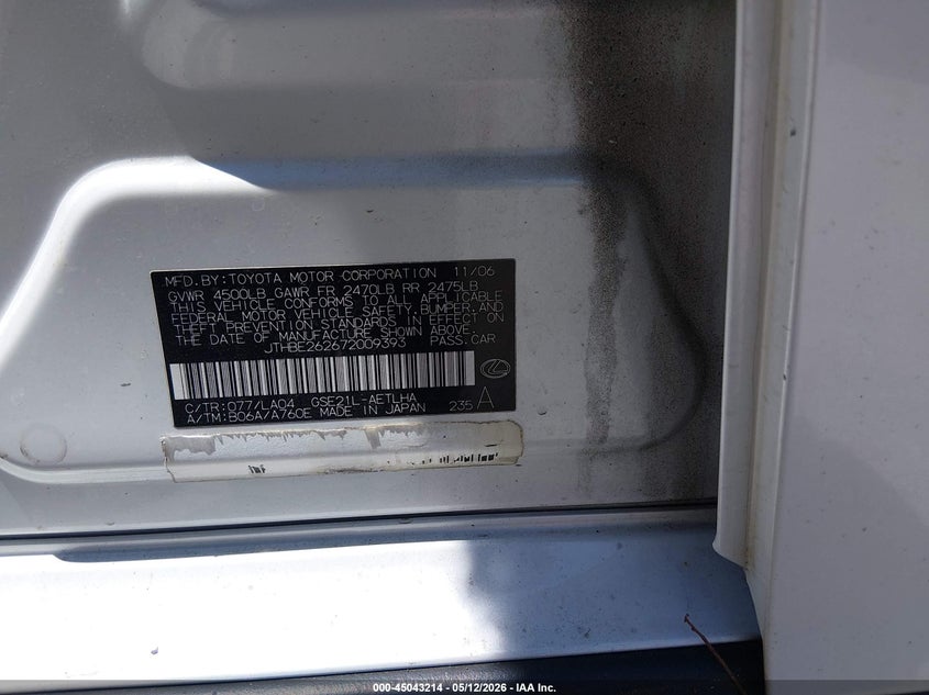 2007 Lexus Is 350 VIN JTHBE262672009393 IAAI salvage auction — RIGHT FRONT, Original (Texas), sold $1,300 on 2026-07-09 (photo 9)