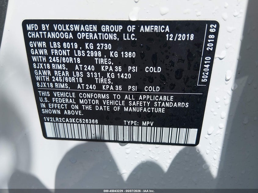 2019 Volkswagen Atlas VIN 1V2LR2CA3KC526366 IAAI salvage auction — HAIL, Salvage (Ohio), sold $4,150 on 2026-07-17 (photo 9)