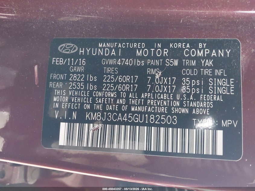 2016 Hyundai Tucson VIN KM8J3CA45GU182503 IAAI salvage auction — RIGHT FRONT, Clear (Massachusetts), sold $2,550 on 2026-07-15 (photo 9)