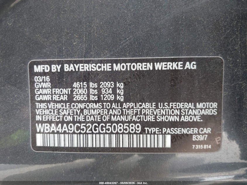 2016 BMW 4er VIN WBA4A9C52GG508589 IAAI salvage auction — FRONT END, Salvage (Texas), sold $2,550 on 2026-07-09 (photo 9)