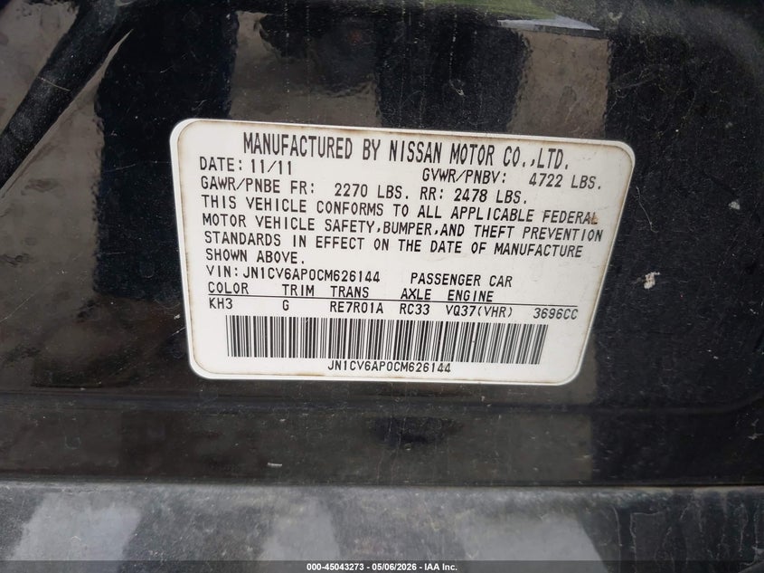 2012 Infiniti G VIN JN1CV6AP0CM626144 IAAI salvage auction — REAR END, Salvage (Texas), sold $25 on 2026-07-15 (photo 9)