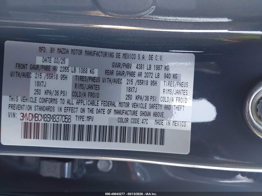 2025 Mazda Cx-30 VIN 3MVDMBCM8SM837058 IAAI salvage auction — FRONT END, Original (Texas), sold $8,100 on 2026-07-21 (photo 9)