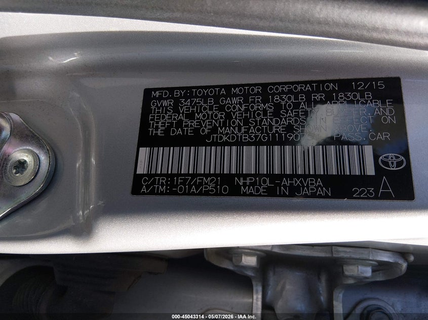 2016 Toyota Prius c VIN JTDKDTB37G1119075 IAAI salvage auction — FRONT END, Salvage (Colorado), sold $1,250 on 2026-07-14 (photo 9)