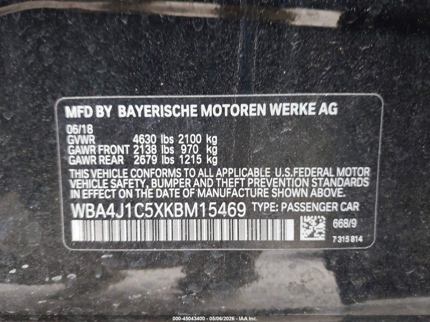 2019 BMW 4er VIN WBA4J1C5XKBM15469 IAAI salvage auction — FRONT & REAR, Salvage (Texas), sold $500 on 2026-07-29 (photo 9)