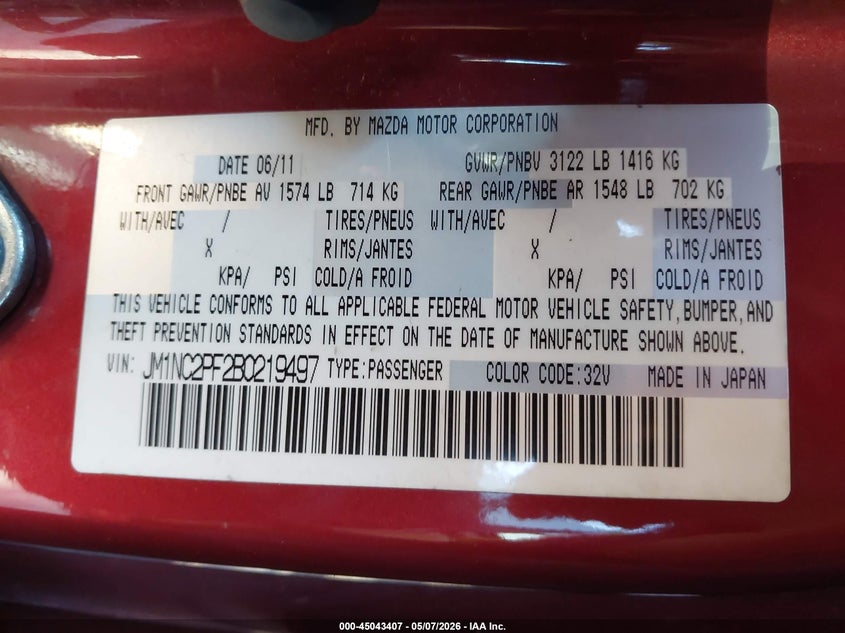 2011 Mazda Mx-5 miata VIN JM1NC2PF2B0219497 IAAI salvage auction — REAR END, Clear (Oklahoma), sold $525 on 2026-07-28 (photo 9)