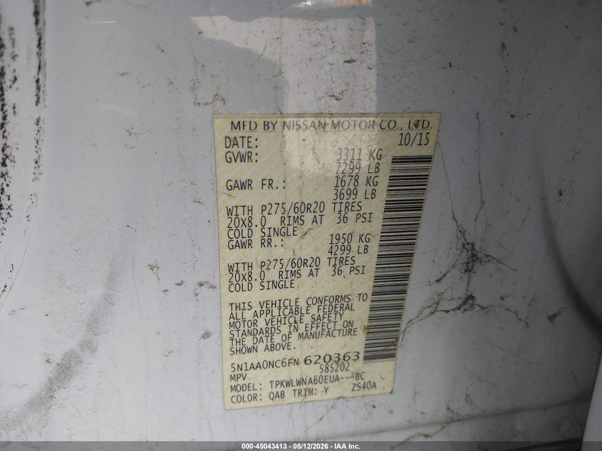 2015 Nissan Armada VIN 5N1AA0NC6FN620363 IAAI salvage auction — FRONT END, Original (West Virginia), sold $4,425 on 2026-07-09 (photo 9)